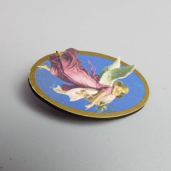 Vintage Guardian Angel Blue Pink Winged Cherub Oval Brooch, Estate Lapel Pin - Picture 3 of 8